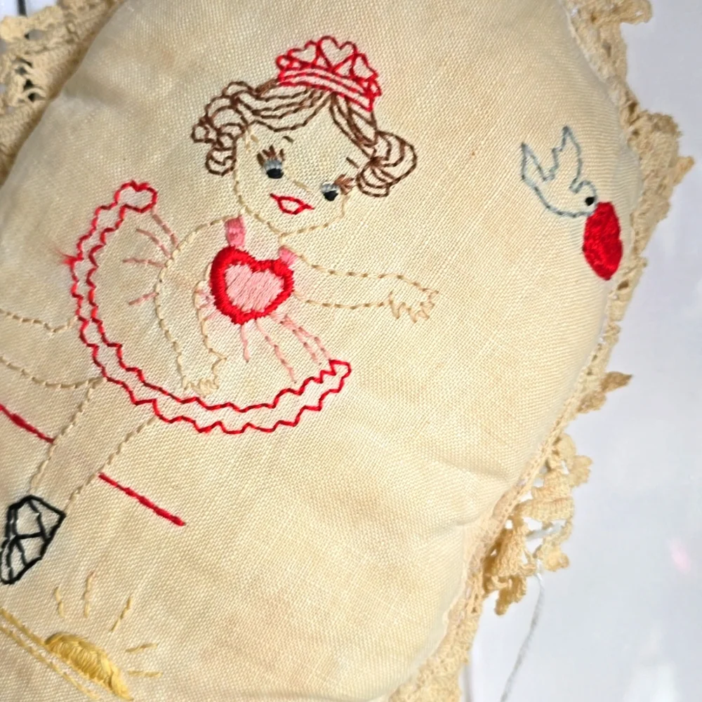 Vintage Needlepoint Ballerina Girl Bird Heart Decor Pillow 8